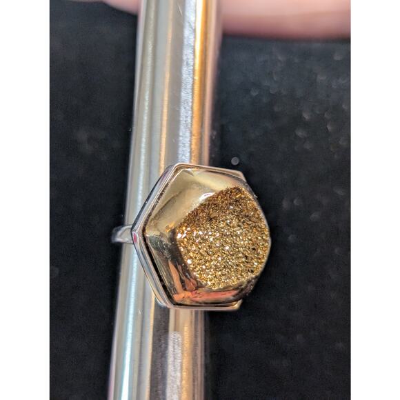 Chunky Hexagon Gold Druzy Quartz Two Tone Sterling Silver Ring Size 8 - Picture 9 of 14
